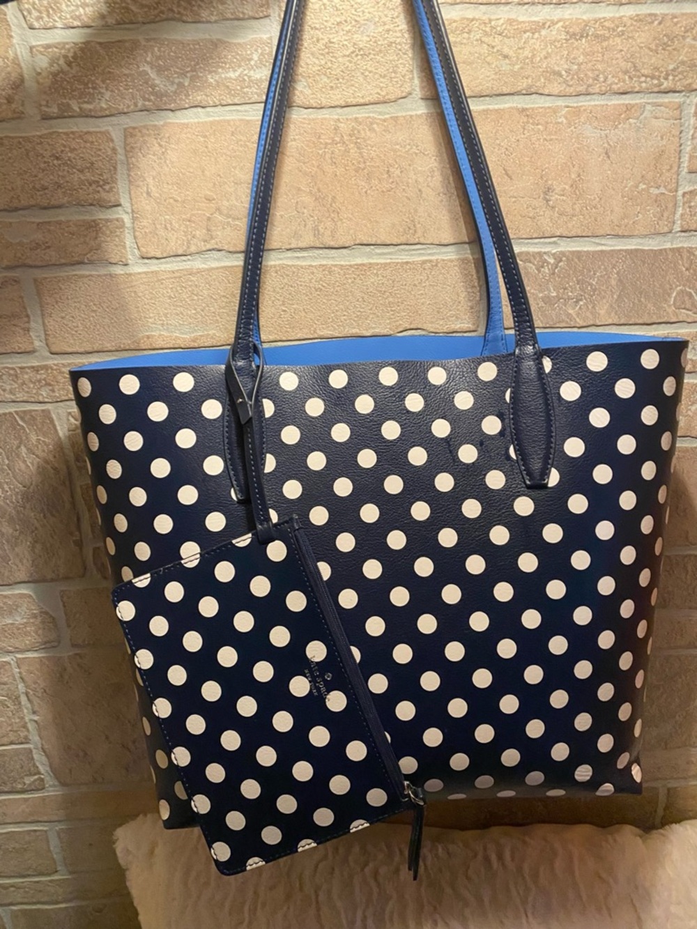 kate spade Navy and White Polka Dot Tote with Matching Zip Pouch